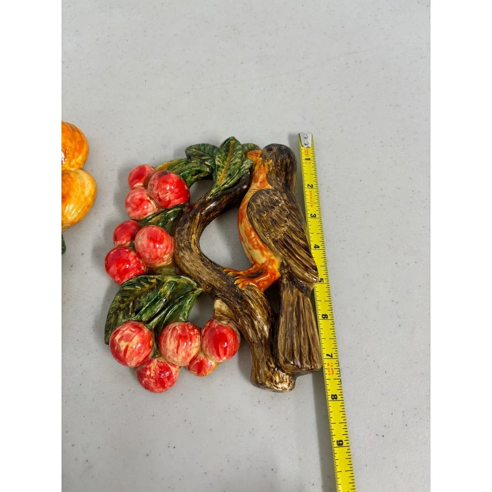 Vintage Ceramic Bird Wall Plaques Set Cardinal Songbird Fruit Peaches‎ Berries
